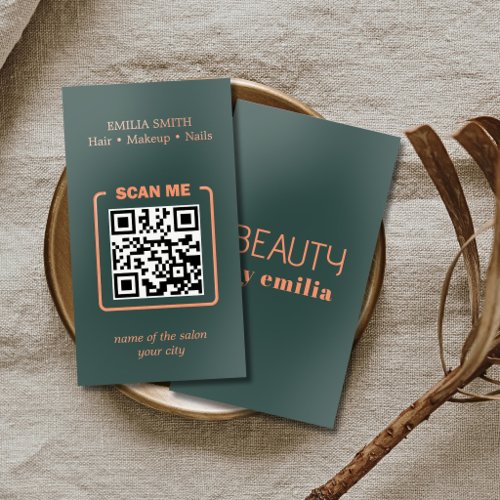 Luxury Dark Green Rose Gold Foil Beauty QR Code Business Cards