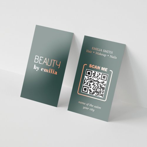 Luxury Dark Green Rose Gold Foil Beauty QR Code Business Cards