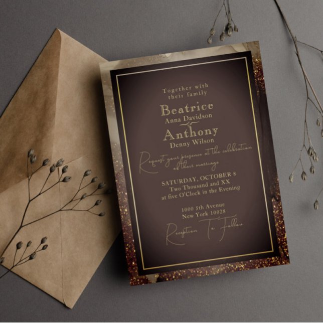 Luxury Dark Mocha Abstract Gold Foil Wedding Invitation (Creator Uploaded)