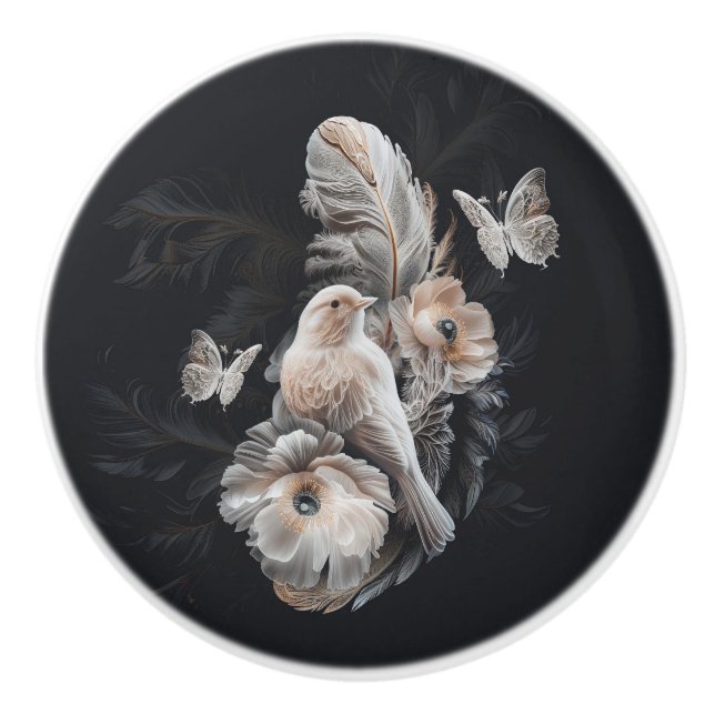 Luxury Dark Print Knob, Bird, Flower and Feather 1 Ceramic Knob (Front)