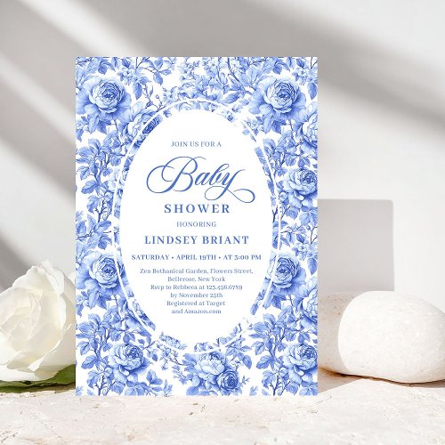 Luxury Deep Blue Toile Roses Baby Shower Invites