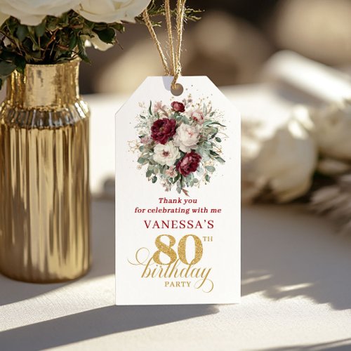 Luxury Deep Red Floral 80th Birthday Favor Tags