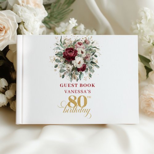 Luxury Deep Red Floral 80th Birthday Guest Book