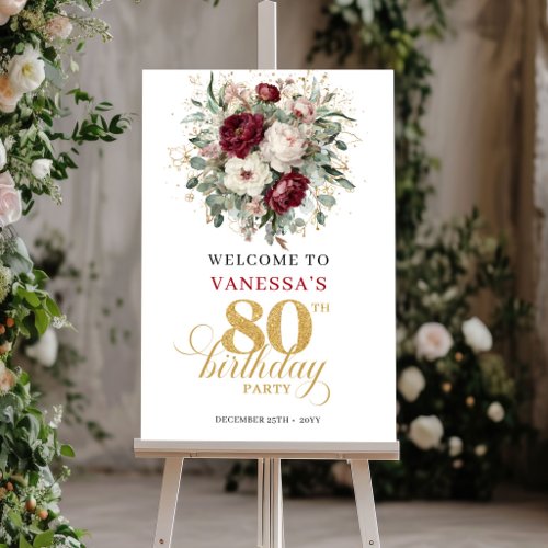 Luxury Deep Red Floral 80th Birthday Welcome Sign