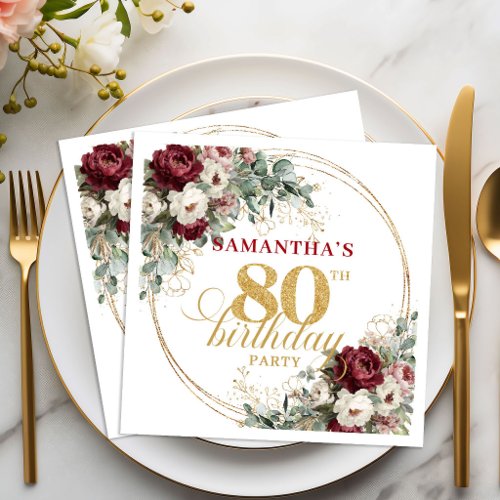 Luxury Deep Red Floral Gold 80th Birthday Napkins