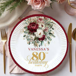 Luxury Deep Red Floral Gold 80th Birthday Paper  Plates