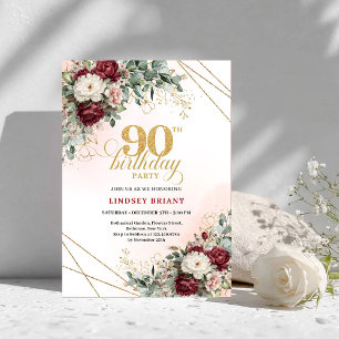 Luxury Deep Red Floral Gold 90th Birthday Invite