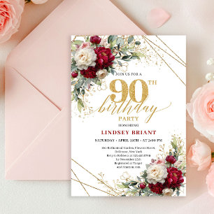 Luxury Deep Red Floral Gold 90th Birthday Invite