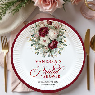 Luxury Deep Red Floral Gold Bridal Shower Paper   Plates