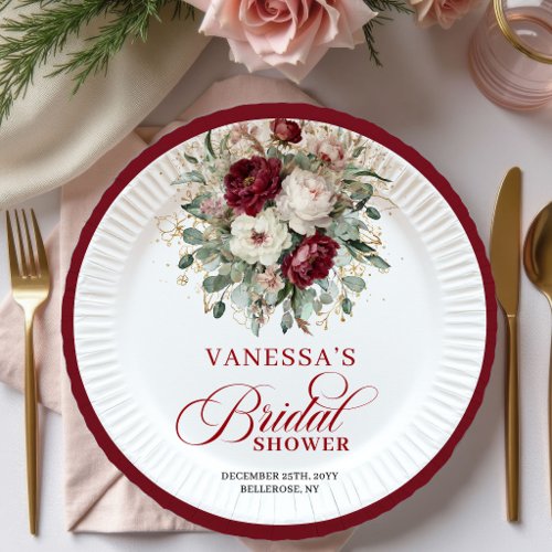 Luxury Deep Red Floral Gold Bridal Shower Paper   Plates