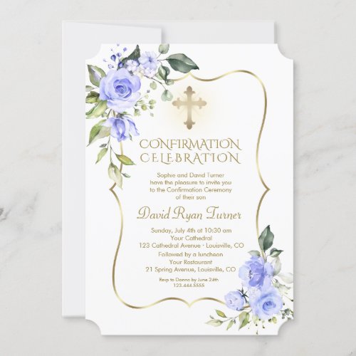Luxury Delicate Blue Flowers Boy Confirmation Invitation