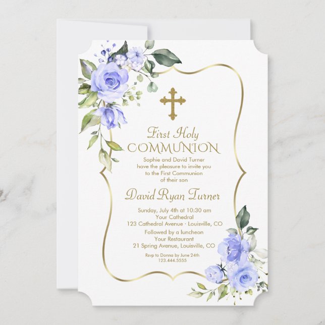 Luxury Delicate Blue Flowers First Holy Communion Invitation (Front)
