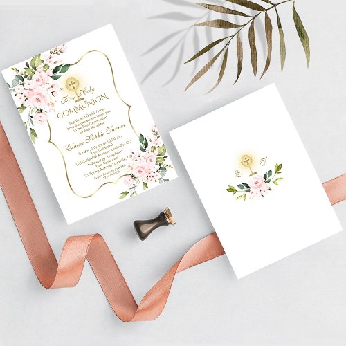 Luxury Delicate Blush Floral Gold Holy Communion Invitation