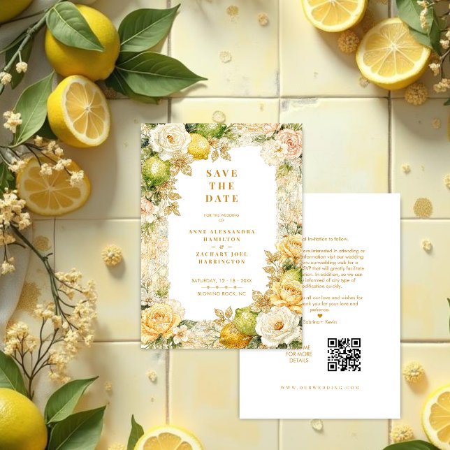 Luxury Delicate Mediterranean Lemons & Flowers Save The Date (Luxury Delicate Mediterranean Lemons & Flowers Frame Wedding Save the Date Cards.)