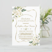 Luxury Delicate White Floral Gold Graduation Party Invitation (Standing Front)