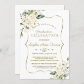 Luxury Delicate White Floral Gold Graduation Party Invitation (Front/Back)