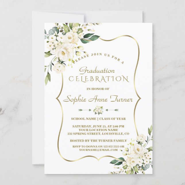 Luxury Delicate White Floral Gold Graduation Party Invitation (Front)