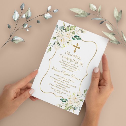 Luxury Delicate White Flowers First Holy Communion Invitation