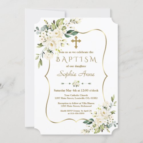 Luxury Delicate White Flowers Gold Cross Baptism Invitation