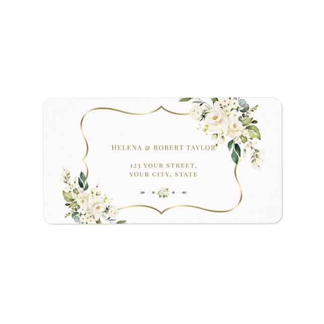 Luxury Delicate White Flowers Gold Cross Baptism Label (Front)