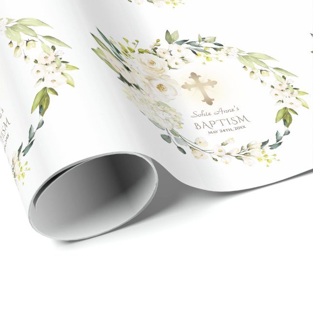 Luxury Delicate White Flowers Gold Cross Baptism Wrapping Paper (Roll Corner)