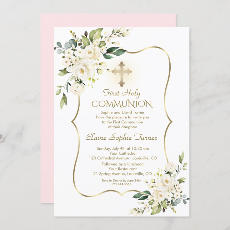 Luxury Delicate White Flowers Pink Holy Communion Invitation | Zazzle