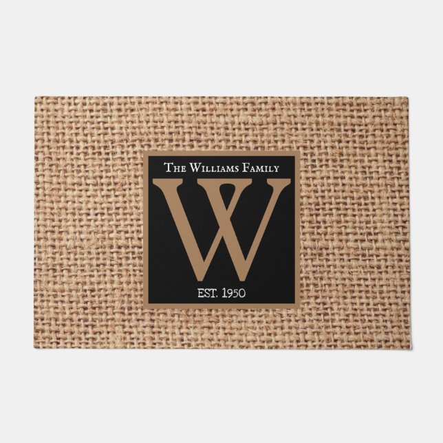 Luxury Design family name burlap black border Doormat (Front)