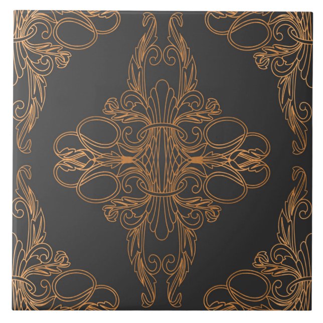 Luxury design, floral pattern, dark grey, copper ceramic tile (Front)