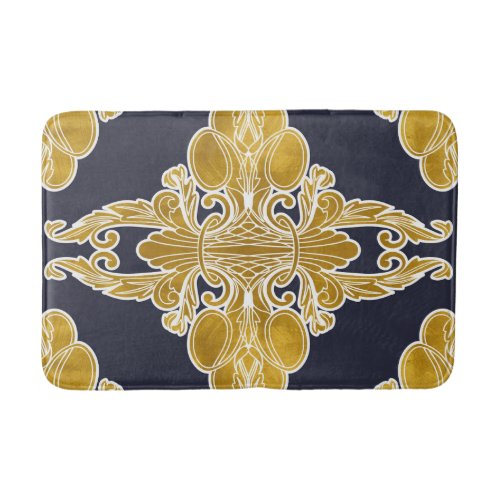Luxury design floral pattern navy blue gold bath mat