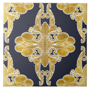 Luxury design, floral pattern, navy blue, gold ceramic tile