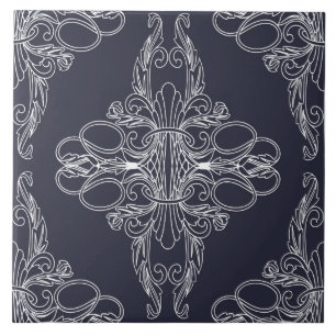 Luxury design, floral pattern, navy blue, white ceramic tile