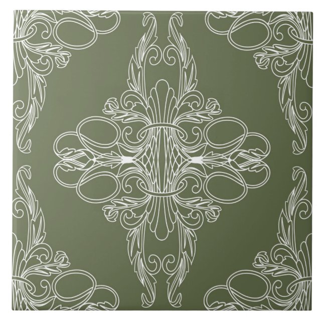 Luxury design, floral pattern, olive green, white ceramic tile (Front)