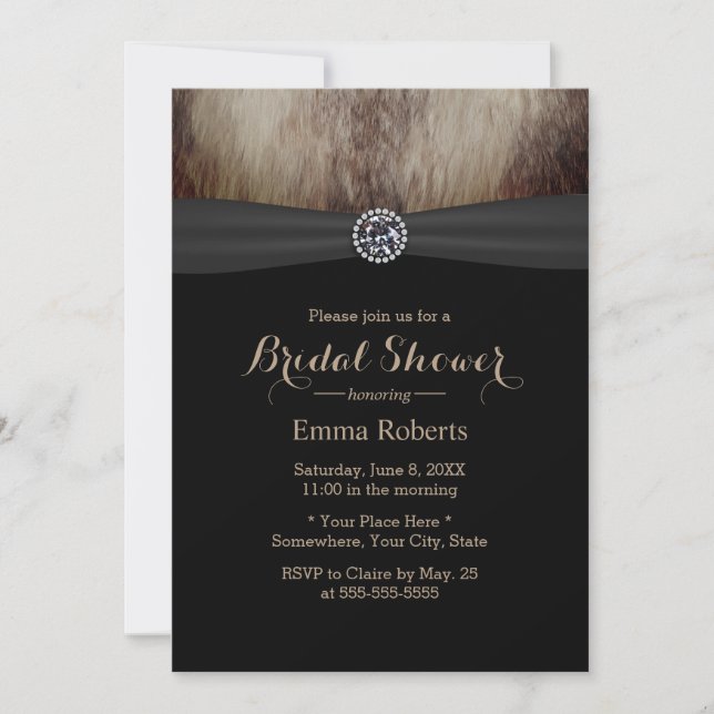 Luxury Diamond & Faux Fox Fur Bridal Shower Invitation (Front)