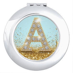 Luxury Diamond Letter A on Gold Glitter Background Compact Mirror