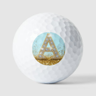 Luxury Diamond Letter A on Gold Glitter Background Golf Balls
