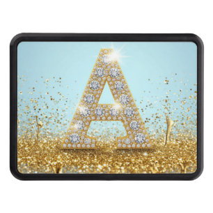 Luxury Diamond Letter A on Gold Glitter Background Hitch Cover