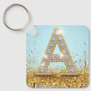 Luxury Diamond Letter A on Gold Glitter Background Keychain