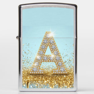 Luxury Diamond Letter A on Gold Glitter Background Zippo Lighter