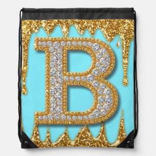 Luxury Diamond Letter B on Gold Glitter Background Drawstring Bag