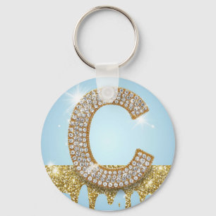 Luxury Diamond Letter C on Gold Glitter Background Keychain