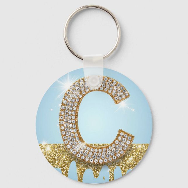 Luxury Diamond Letter C on Gold Glitter Background Keychain (Front)