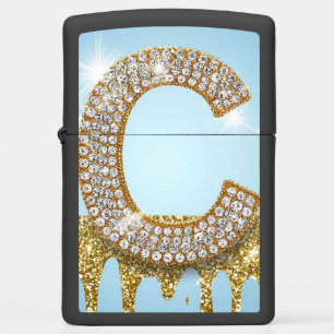 Luxury Diamond Letter C on Gold Glitter Background Zippo Lighter