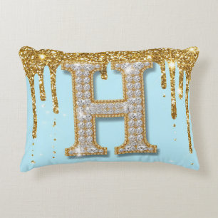 Luxury Diamond Letter H on Gold Glitter Background Accent Pillow