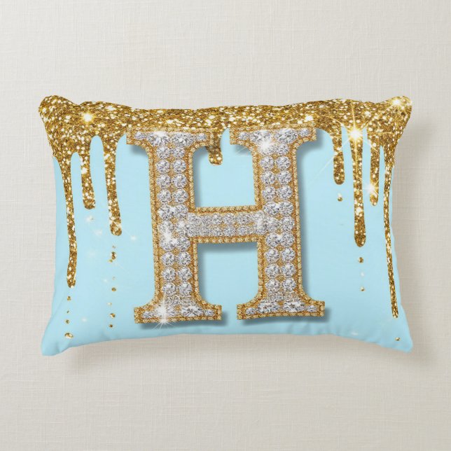 Luxury Diamond Letter H on Gold Glitter Background Accent Pillow (Front)