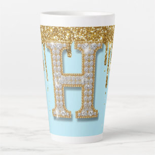 Luxury Diamond Letter H on Gold Glitter Background Latte Mug