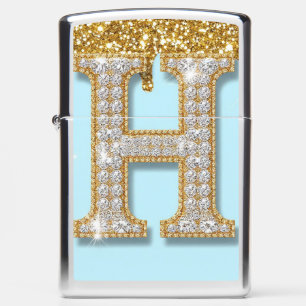 Luxury Diamond Letter H on Gold Glitter Background Zippo Lighter