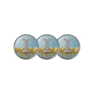Luxury Diamond Letter I on Gold Glitter Background Golf Ball Marker