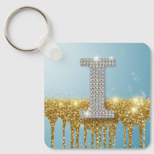 Luxury Diamond Letter I on Gold Glitter Background Keychain