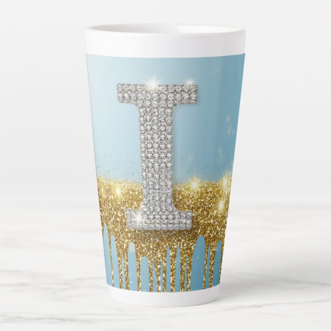 Luxury Diamond Letter I on Gold Glitter Background Latte Mug (Front)