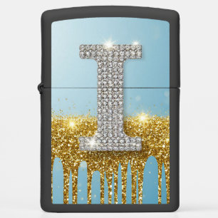 Luxury Diamond Letter I on Gold Glitter Background Zippo Lighter